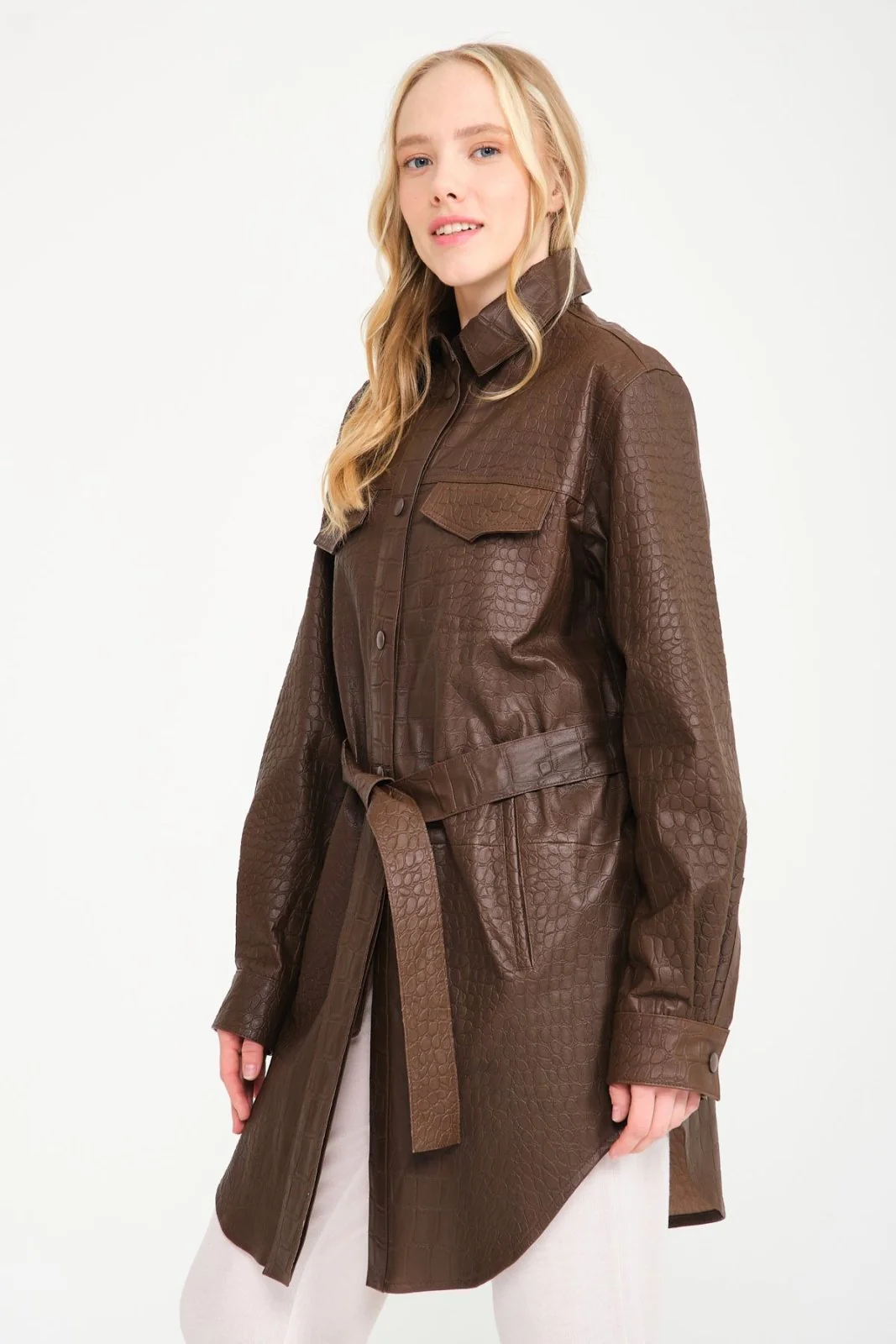 Brown Crocodile Pattern Leather Shirt - Image 10