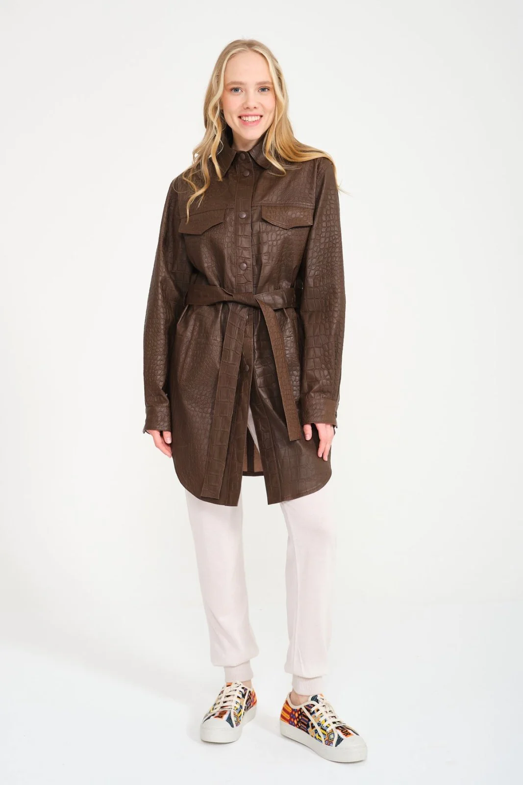 Brown Crocodile Pattern Leather Shirt - Image 3