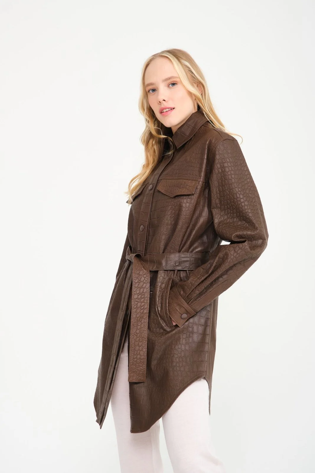 Brown Crocodile Pattern Leather Shirt - Image 5