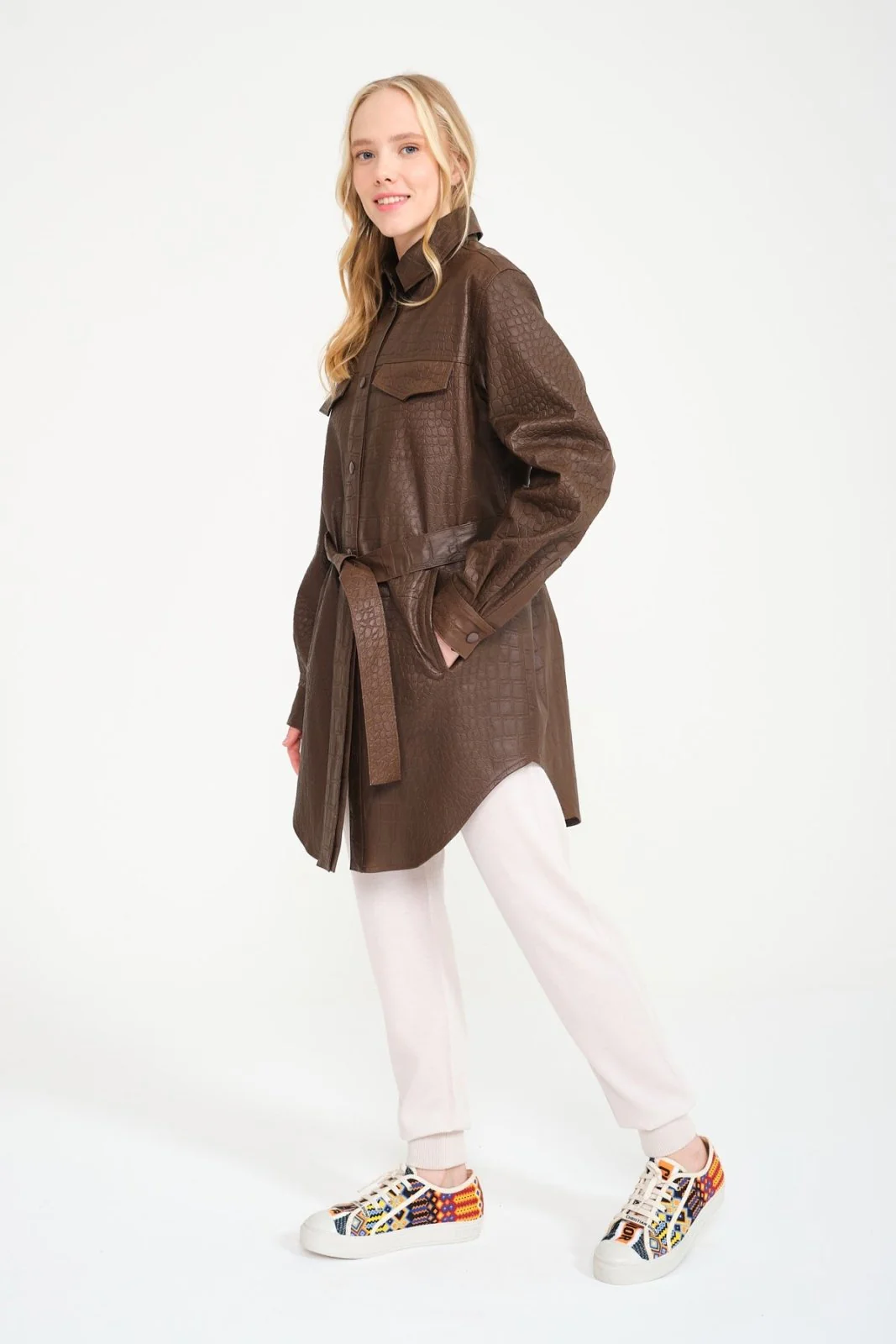 Brown Crocodile Pattern Leather Shirt - Image 9
